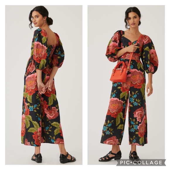 FARM Rio Pants - Farm Rio NWT XS Printed Linen Jumpsuit Puff Sleeves Black Motif Floral